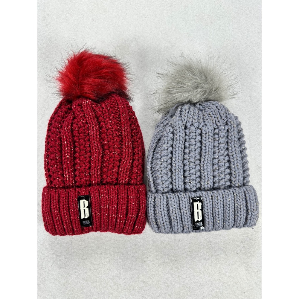 G-Stone Collection Winter Beanie Hats Burgundy Gray Faux Fur Pom Sherpa Lined